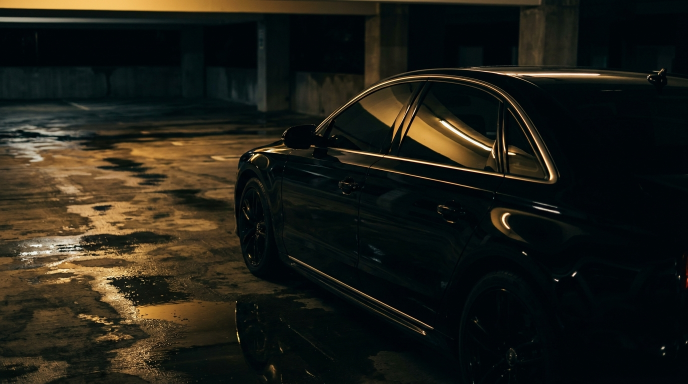 Black sedan with freshly tinted windows in a dim parking garage
