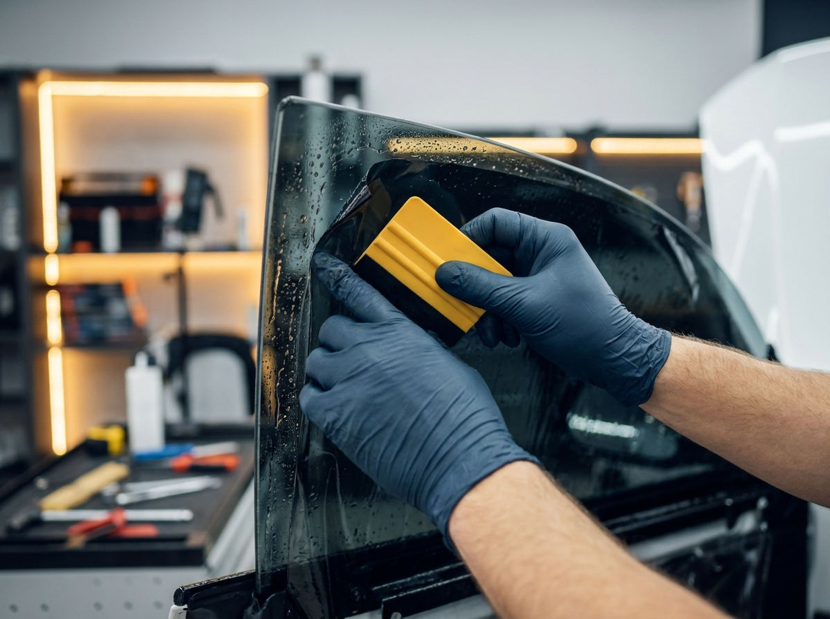 Installer squeegeeing ceramic film onto a car window