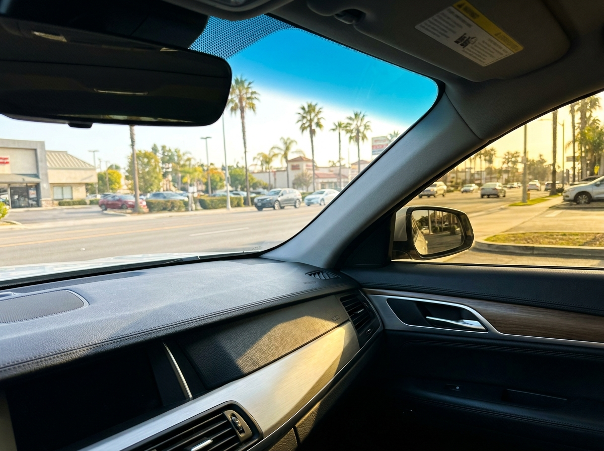 View out through a car's tinted glass onto a sunny street